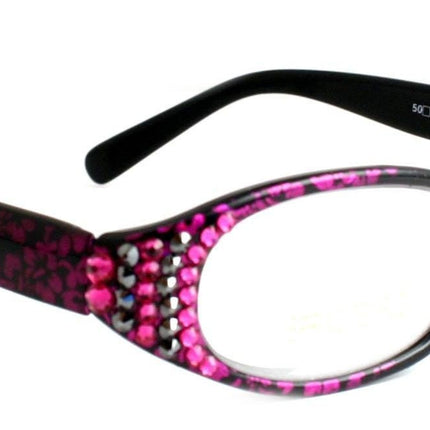 Isabella, (Bling) Reading Glasses Women W (Fuchsia, Hematite) Genuine European Crystals  (Purple Floral Print)  NY Fifth Avenue (Wide Frame)