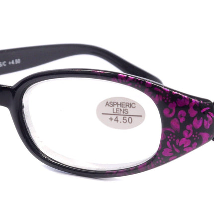 Isabella, (Premium) Reading Glasses, Fashion Reader (Floral Purple n Black) Oval +4 +4.5 +5 +6 High Power, NY Fifth Avenue (Wide Frame)