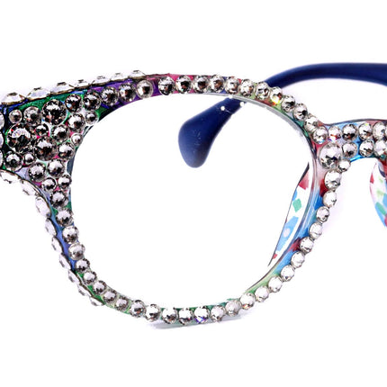 Autumn, (Bling) Reading Glasses For Women W (Full Crystals) Genuine European Crystals  Round Frame (Blue, Purple Floral) NY Fifth Avenue