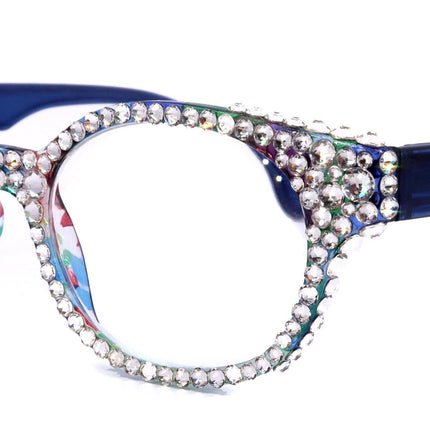 Autumn, (Bling) Reading Glasses For Women W (Full Crystals) Genuine European Crystals  Round Frame (Blue, Purple Floral) NY Fifth Avenue