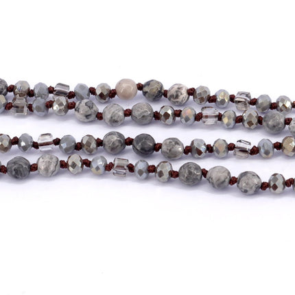 Boho, (Eyeglass chain) Double Hand Knotted (Hematite, Spider Web Jasper, Picture Jasper) Gem Stone (6 mm) w Anti Slip Loops n Brass Fastener