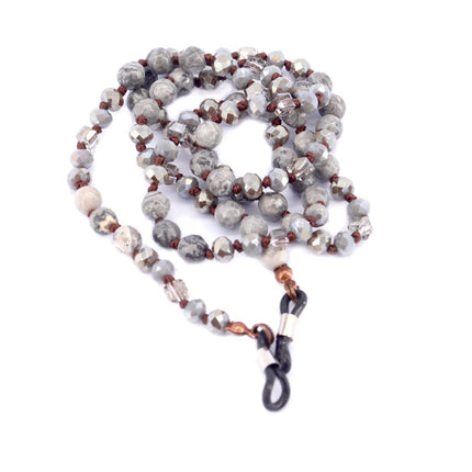 Boho, (Eyeglass chain) Double Hand Knotted (Hematite, Spider Web Jasper, Picture Jasper) Gem Stone (6 mm) w Anti Slip Loops n Brass Fastener