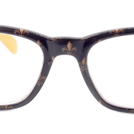 Lilly, (Premium) Reading Glasses (Fleur De Lis) +1 .. +3 Magnifying, Fashion Square Optical Frame. (Yellow, Gold, Black) NY Fifth Avenue.