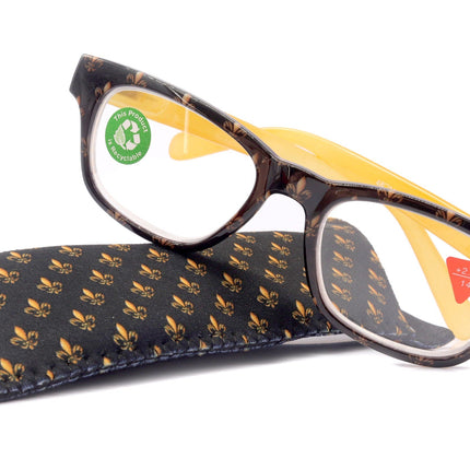 Lilly, (Premium) Reading Glasses (Fleur De Lis) +1 .. +3 Magnifying, Fashion Square Optical Frame. (Yellow, Gold, Black) NY Fifth Avenue.