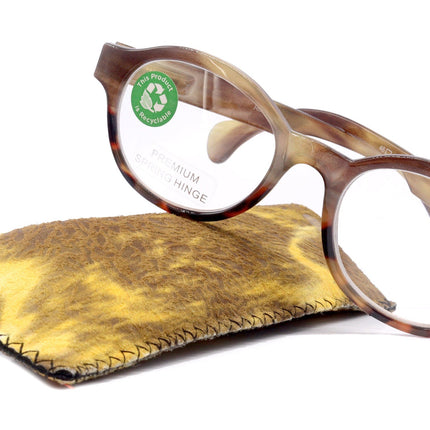 Citlalli, (Premium) Reading Glasses, Round Frame  +1.25 .. +3 Magnifying Eyeglasses (Marble Brown) Circle Style. NY Fifth Avenue