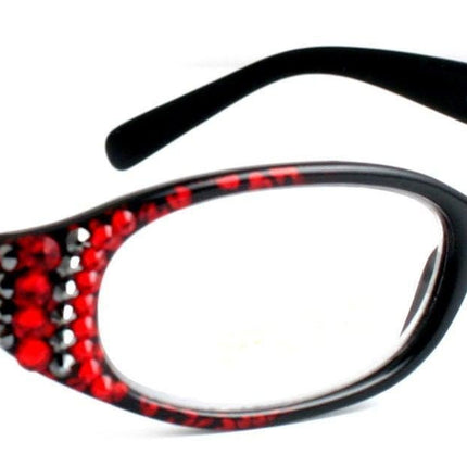 Isabella, (Bling) Reading Glasses Women W (L. Siam, Hematite) Genuine European Crystals (Red Floral Print)  NY Fifth Avenue (Wide Frame)
