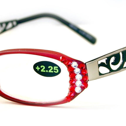 Phoenicia, (Bling) Women Reading Glasses W (Light Siam, Clear) Genuine European Crystals (Red, Green) (Filigree Temple) NY Fifth Avenue.