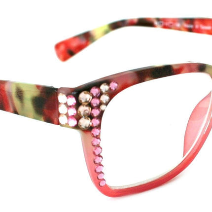 Aya, (Bling) Women Reading Glasses Adorned W ( Rose, Light Colorado)Genuine European Crystals. +1.25..+3.00 Square. NY Fifth Avenue.