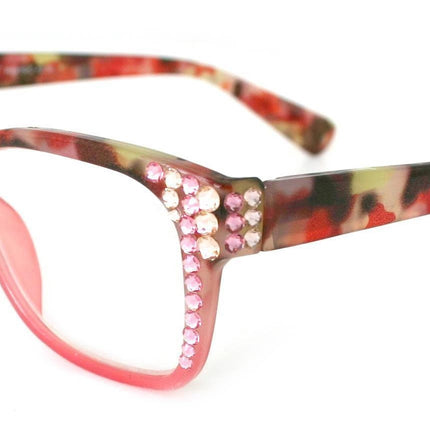 Aya, (Bling) Women Reading Glasses Adorned W ( Rose, Light Colorado)Genuine European Crystals. +1.25..+3.00 Square. NY Fifth Avenue.