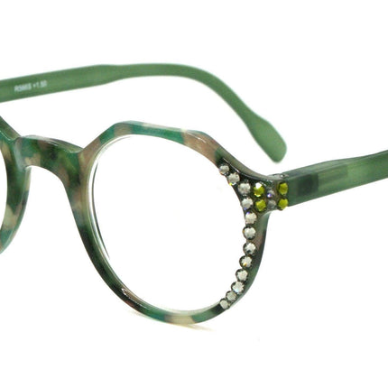 The Hexagon, (Bling) Women Reading Glasses W (Black Diamond, Olivine) Genuine European Crystals ,  (Green, Tortoise Shell) NY Fifth Avenue