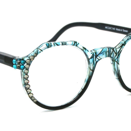 The Hexagon, (Bling) Women Reading Glasses W (Black Diamond, Blue Zircon) Genuine European Crystals  (Clear, Grey, Blue ) NY Fifth Avenue
