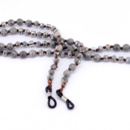 Boho, (Eyeglass chain) Double Hand Knotted (Hematite, Spider Web Jasper, Picture Jasper) Gem Stone (6 mm) w Anti Slip Loops n Brass Fastener