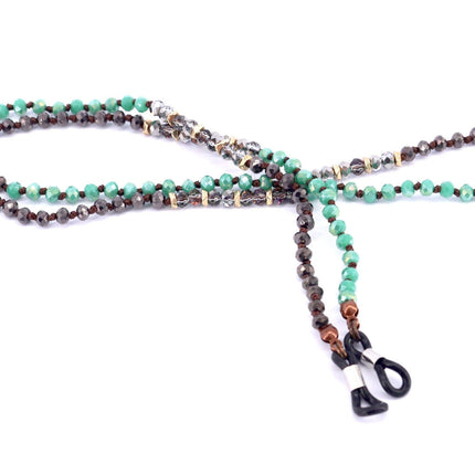 Boho, (Eyeglass chain) Double Hand Knotted (Turquoise, Hemitae, SiIver Glass Crystal) (4 mm) w Anti Slip Loops n Brass Fastener.