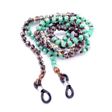 Boho, (Eyeglass chain) Double Hand Knotted (Turquoise, Hemitae, SiIver Glass Crystal) (4 mm) w Anti Slip Loops n Brass Fastener.