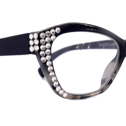 Jane, (Bling) Women Reading Glasses W (Clear) Genuine European Crystals, Magnifying Reader, Cat Eyes (Black )Tortoise Shell. NY Fifth Avenue