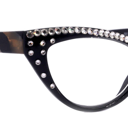 The Lynx, (Bling) Reading Glasses 4 Women W (Full Top) (Clear) Genuine European Crystals, Magnifying Cat Eye (Blk Leopard) NY Fifth Avenue