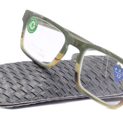 Piper, (Premium) Reading Glasses, High End Fashion Reader,+1.25 to +3 Magnifiers, (Green, Tan, Brown) Stripes Square Frame. NY Fifth Avenue