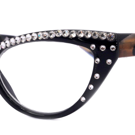 The Lynx, (Bling) Reading Glasses 4 Women W (Full Top) (Clear) Genuine European Crystals, Magnifying Cat Eye (Blk Leopard) NY Fifth Avenue