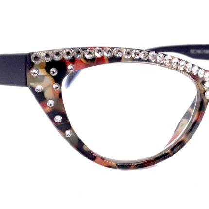 The Lynx, (Bling) Reading Glasses 4 Women W (Full Top) (Clear) Genuine European Crystals, Magnifying Cat Eye (Leopard Red) NY Fifth Avenue