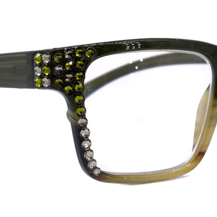 Piper, (Bling) Reading Glasses for Women W (Black Diamond, Olivine) Genuine European Crystals.  (Black Green Faded Stripes) NY Fifth Avenue