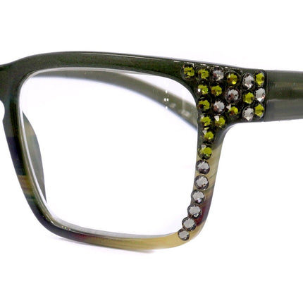 Piper, (Bling) Reading Glasses for Women W (Black Diamond, Olivine) Genuine European Crystals.  (Black Green Faded Stripes) NY Fifth Avenue