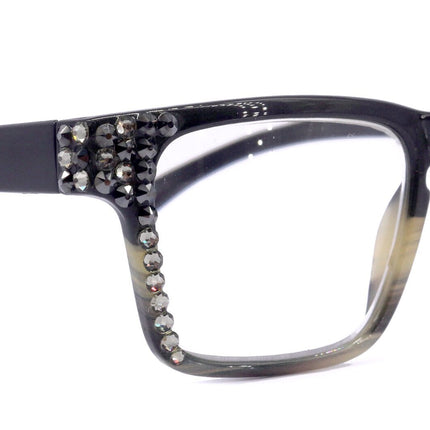 Piper, (Bling) Reading Glasses for Women W (Black Diamond, Hematite) Genuine European Crystals (Black Brown Faded Stripes) NY Fifth Avenue