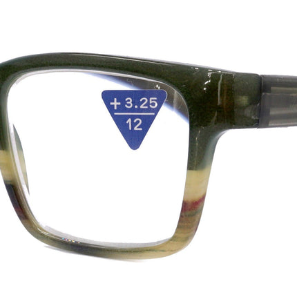 Piper, (Premium) Reading Glasses, High End Fashion Reader,+1.25 to +3 Magnifiers, (Green, Tan, Brown) Stripes Square Frame. NY Fifth Avenue