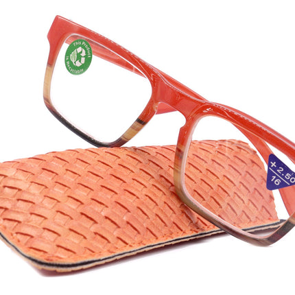 Piper, (Premium) Reading Glasses, High End Fashion Reader,+1.25 to +3 Magnifiers, (Orange, Tan, Brown) Stripes Square Frame. NY Fifth Avenue