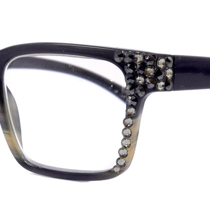Piper, (Bling) Reading Glasses for Women W (Black Diamond, Hematite) Genuine European Crystals (Black Brown Faded Stripes) NY Fifth Avenue