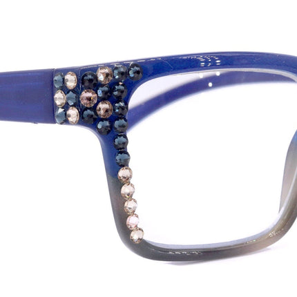 Piper, (Bling) ReadingGlasses for Women W (Montana, L. Colorado)Genuine European Crystals.(Square)(Blue Brown Faded Stripes) NY Fifth Avenue