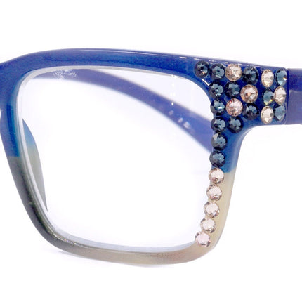 Piper, (Bling) ReadingGlasses for Women W (Montana, L. Colorado)Genuine European Crystals.(Square)(Blue Brown Faded Stripes) NY Fifth Avenue