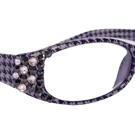 The Scottish, (Bling) Reading Glasses with (Clear, Hematite)   (Hounds Tooth Check) Rectangular (Black) NY Fifth Avenue