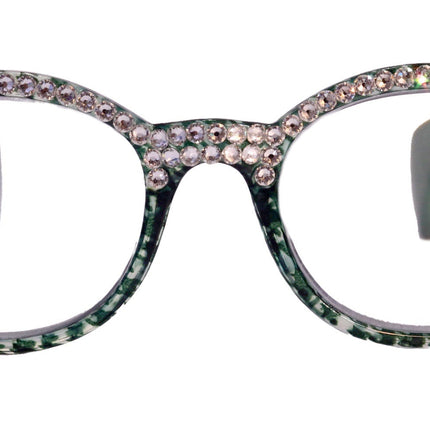 The Alchemist, (Bling) Round Women Reading Glasses W (Full TOP) (Clear) Genuine European Crystals (Hound tooth, Green) NY Fifth Avenue