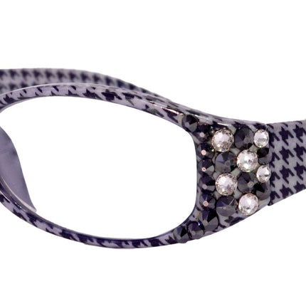 The Scottish, (Bling) Reading Glasses with (Clear, Hematite)   (Hounds Tooth Check) Rectangular (Black) NY Fifth Avenue