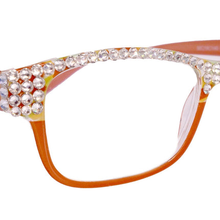 Olivia, (Bling) Women Reading Glasses Adorned with (Full Top) (Clear) Genuine European Crystals.  (Orange) Square, NY fifth avenue.