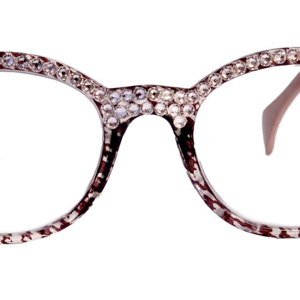 The Alchemist, (Bling) Round Women Reading Glasses W (Full TOP) (Clear) Genuine European Crystals (Hound tooth, Brown) NY Fifth Avenue