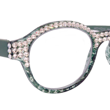 The Alchemist, (Bling) Round Women Reading Glasses W (Full TOP) (Clear) Genuine European Crystals (Hound tooth, Green) NY Fifth Avenue