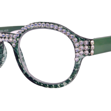 The Alchemist, (Bling) Round Women Reading Glasses W (Full TOP) (Clear) Genuine European Crystals (Hound tooth, Green) NY Fifth Avenue