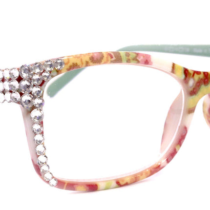Frida, (Bling) Reading Glasses Women W (Clear, Genuine European Crystals (Green, Pink, White) Square Paisley, NY Fifth Avenue.