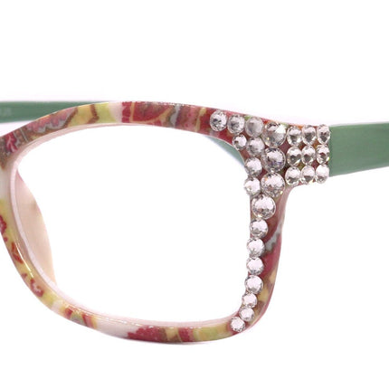 Frida, (Bling) Reading Glasses Women W (Clear, Genuine European Crystals (Green, Pink, White) Square Paisley, NY Fifth Avenue.