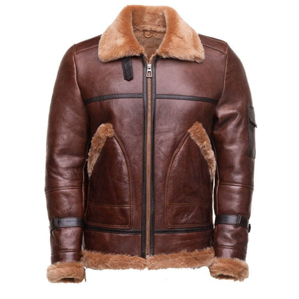 Handmade Esa Brown Bomber Sheepskin Faux Shearling Jacket With Large Pockets