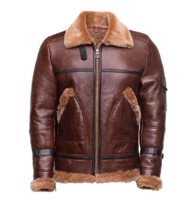 Handmade Esa Brown Bomber Sheepskin Faux Shearling Jacket With Large Pockets
