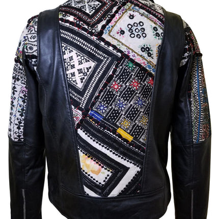 Handmade  Bohemian Leather Jacket With Tribal Hand Embroidered Fabric