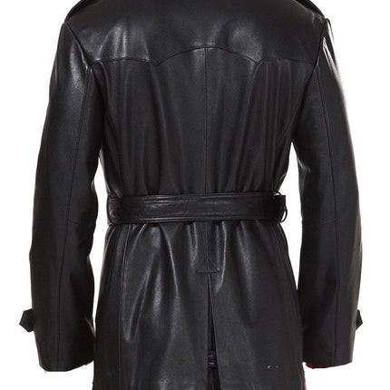 Handmade  Black Leather Belted And Double Breasted Trench Coat