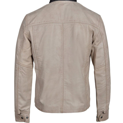 Handmade Barnes Bone White Hand Waxed Double Collar Leather Jacket
