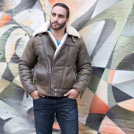 Handmade  Carter Distressed Biker Bomber Shearling Jacket With Notch Lapels