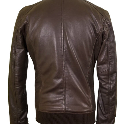 Handmade Brown Leather Jacket With Straight Ribbed Collar, Cuffs And Hem