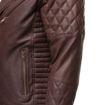 Handmade  Brown Quilted Biker Leather Jacket With Diamond Stitching Details
