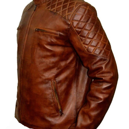 Handmade Vintage Cafe Racer Leather Jacket With Quilted Patches