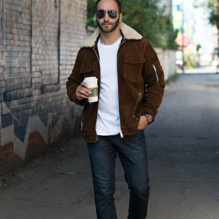 Handmade  Suede Bomber Leather Jacket With Fur Collar